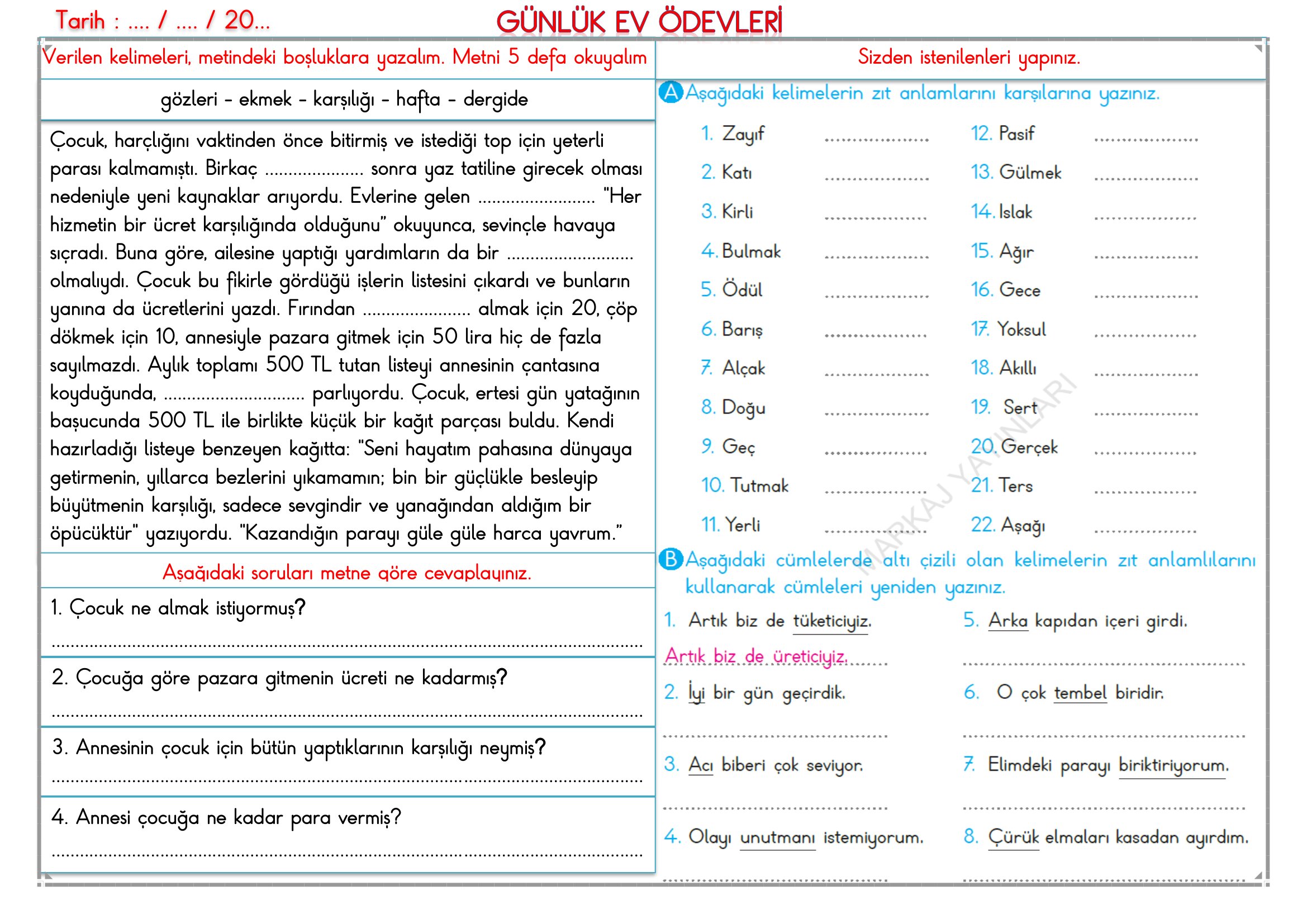 2.Sınıf - 29 Nisan 2026 Günlük Ev Ödevleri