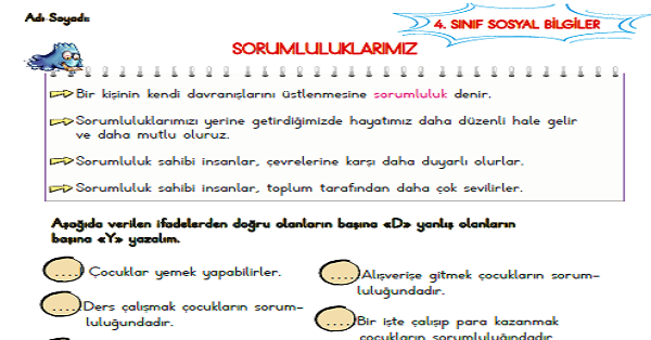 4. Sınıf Sosyal Bilgiler Sorumluluklarımız Etkinliği 6
