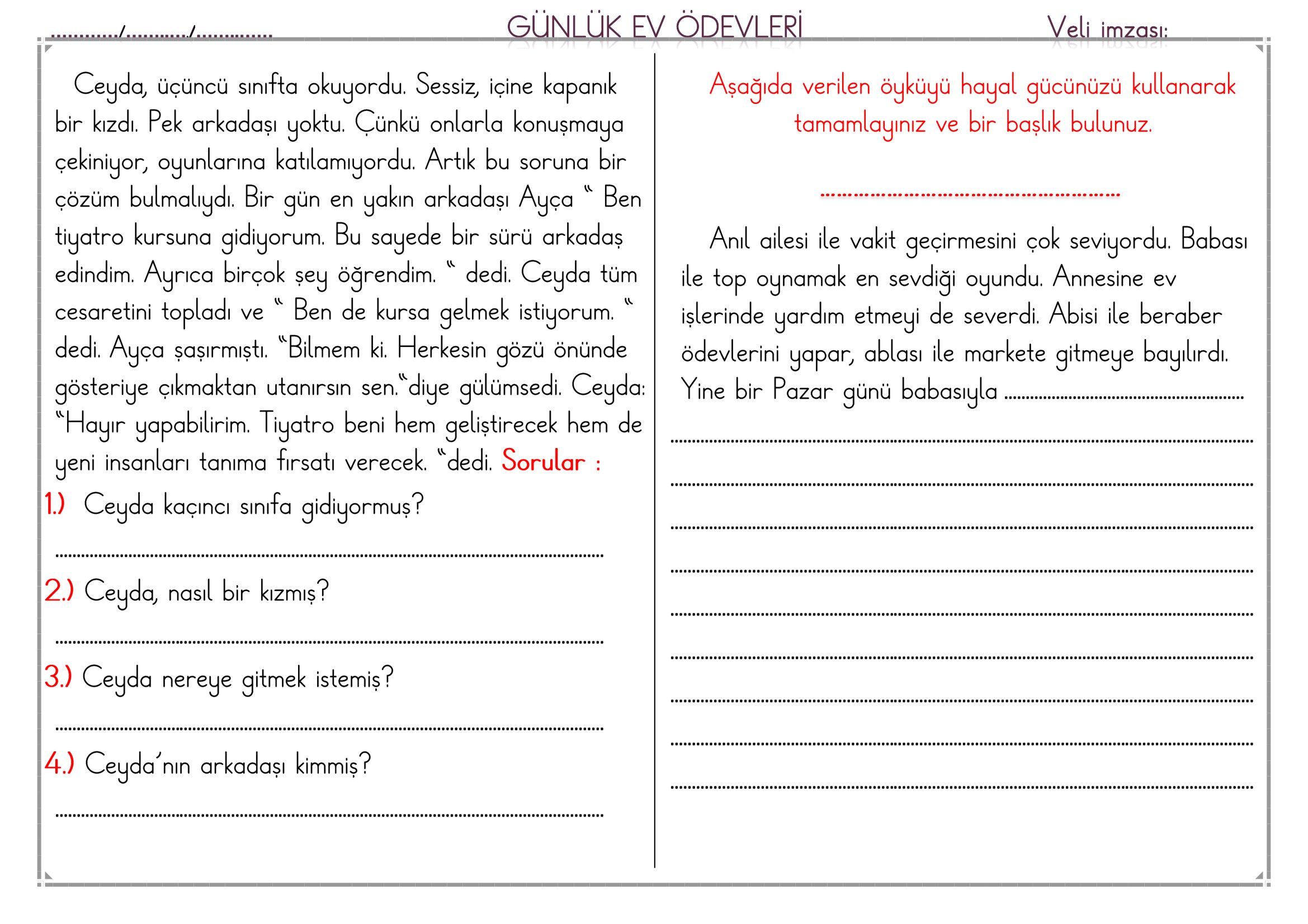 1.Sınıf - 07 Nisan 2026 Günlük Ev Ödevleri