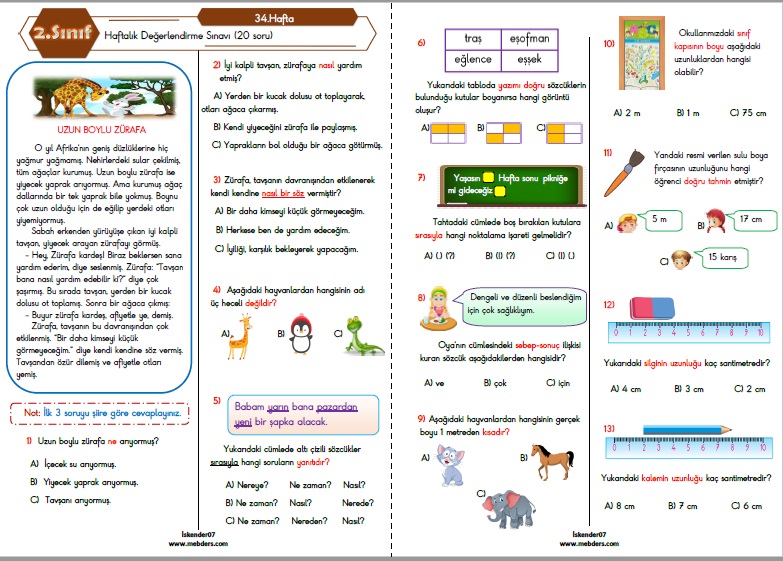 2.Sınıf Haftalık Değerlendirme Testi - 34.Hafta (29 Mayıs-02 Haziran)