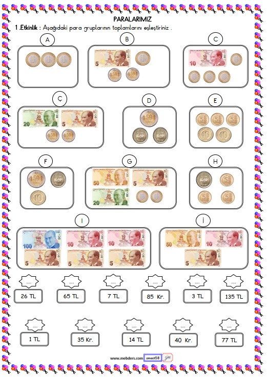 2. Sınıf Matematik Paralarımız Etkinliği 2