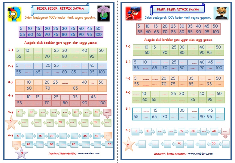 1.Sınıf Matematik Beşer Beşer  Ritmik Sayma   (2 Sayfa)