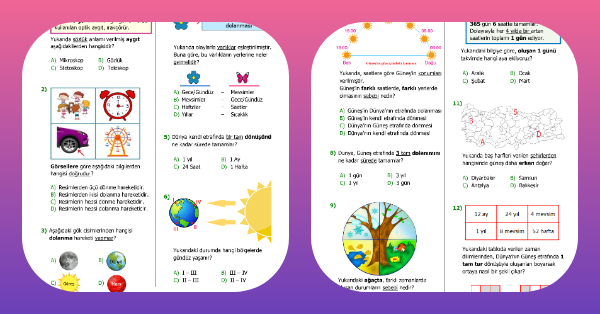4. Sınıf Fen Bilimleri Dünya'mızın Hareketleri Kazanım Testi