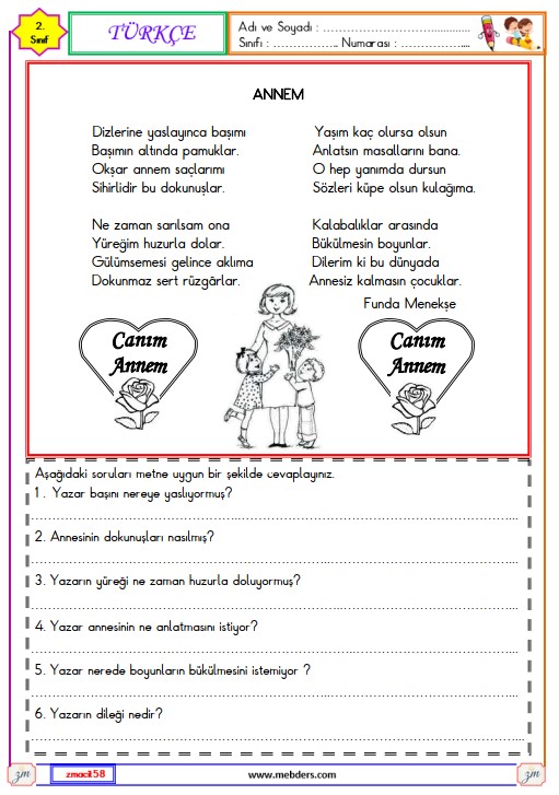 2. Sınıf Türkçe Okuma ve Anlama Metni Etkinliği (Annem)