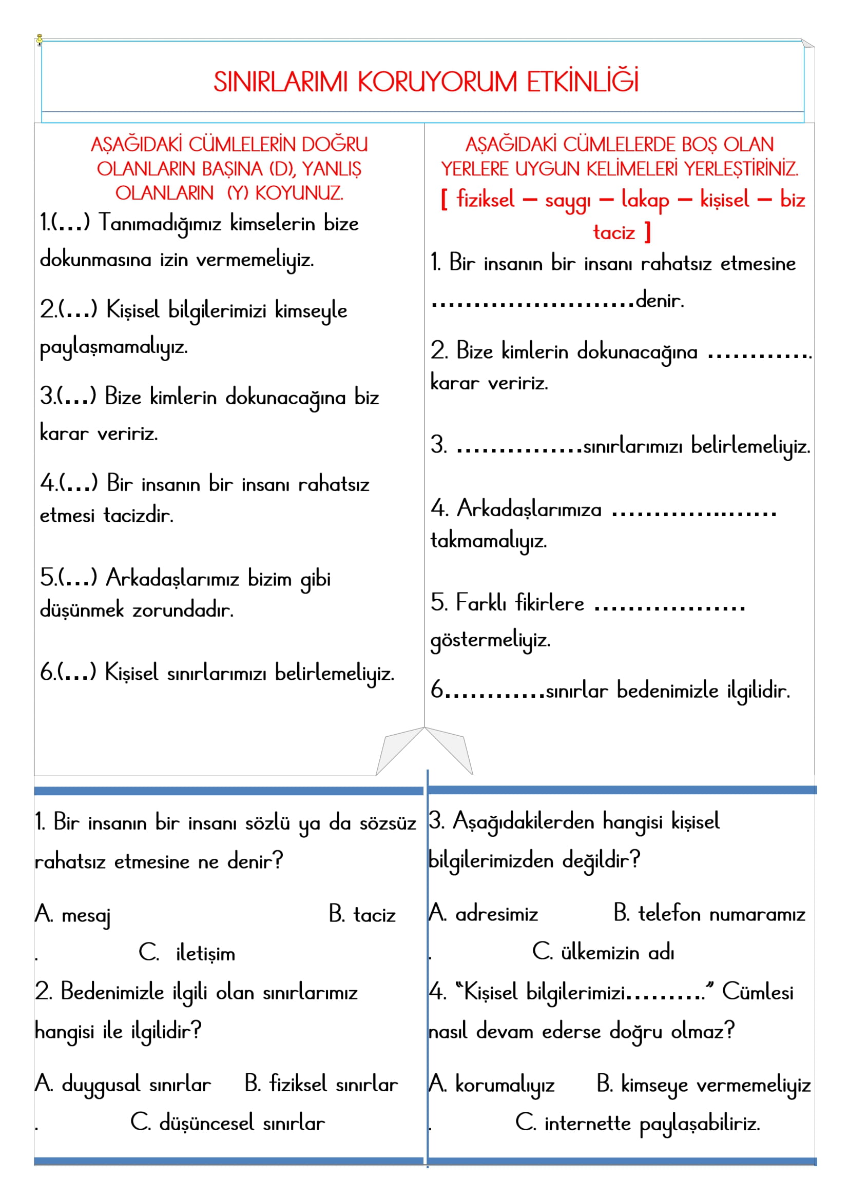 2.Sınıf - Hayat Bilgisi Sınırlarımı Koruyorum Etkinliği