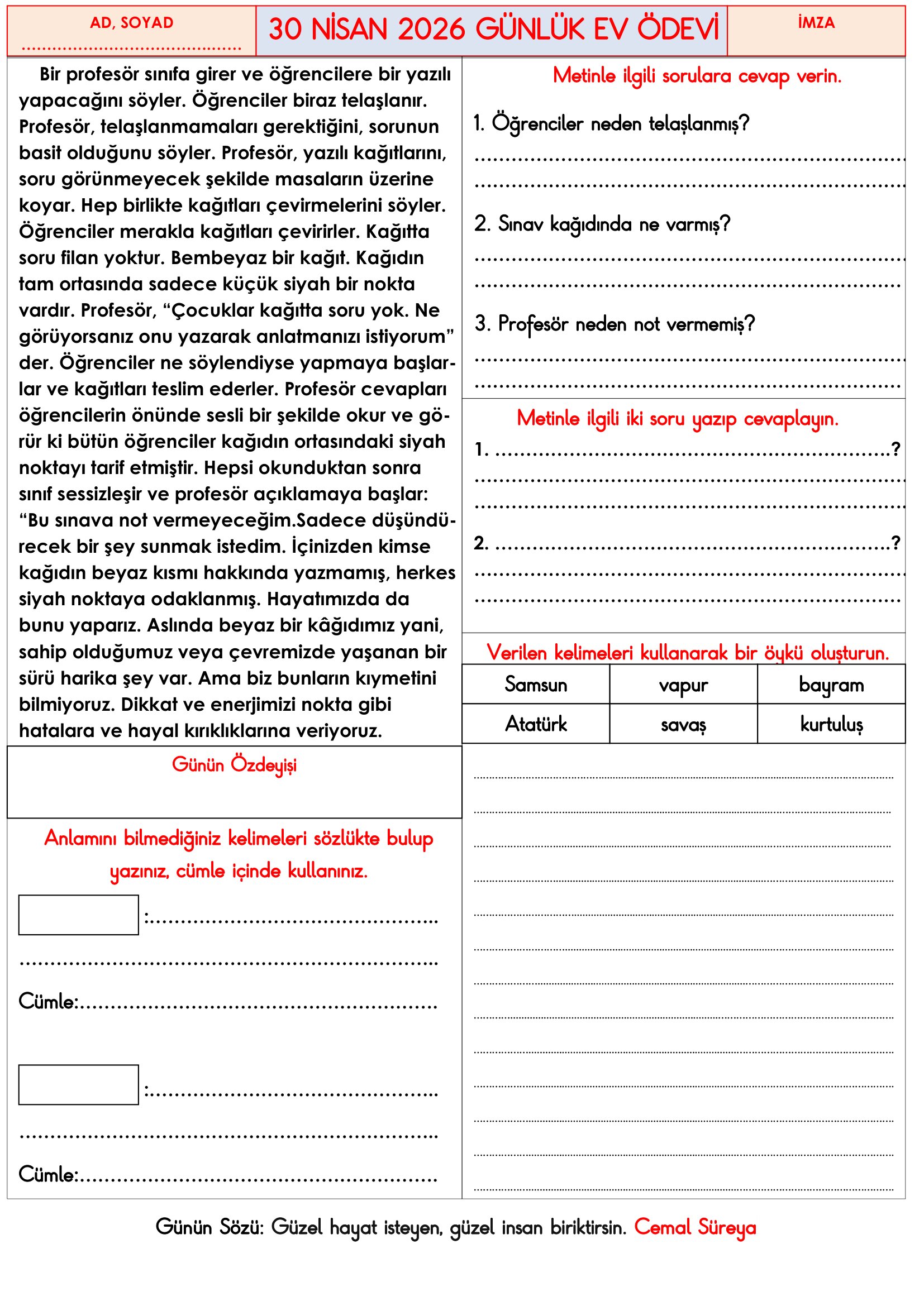 3.Sınıf - 30 Nisan 2026 Günlük Ev Ödevleri