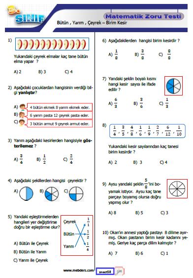 3. Sınıf Matematik Bütün , Yarım , Çeyrek  - Birim Kesir Testi