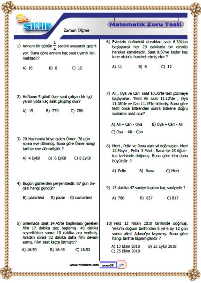 3. Sınıf Matematik Zamanı Ölçme Kazanım Testi