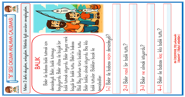 1. Sınıf İlk Okuma Yazma B-b Sesi Okuma Anlama Çalışması