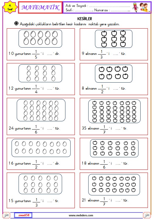 4. Sınıf Matematik Kesirler Etkinliği 6