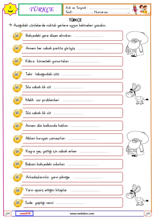 2. Sınıf Türkçe Cümlede Eylem Etkinliği 4