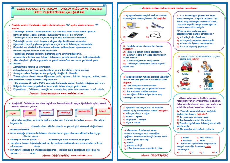4.Sınıf Sosyal Bilgiler Bilim Teknoloji ve Toplum - Üretim Tüketim Dağıtım Ünite Değerlendirme Çalışmaları