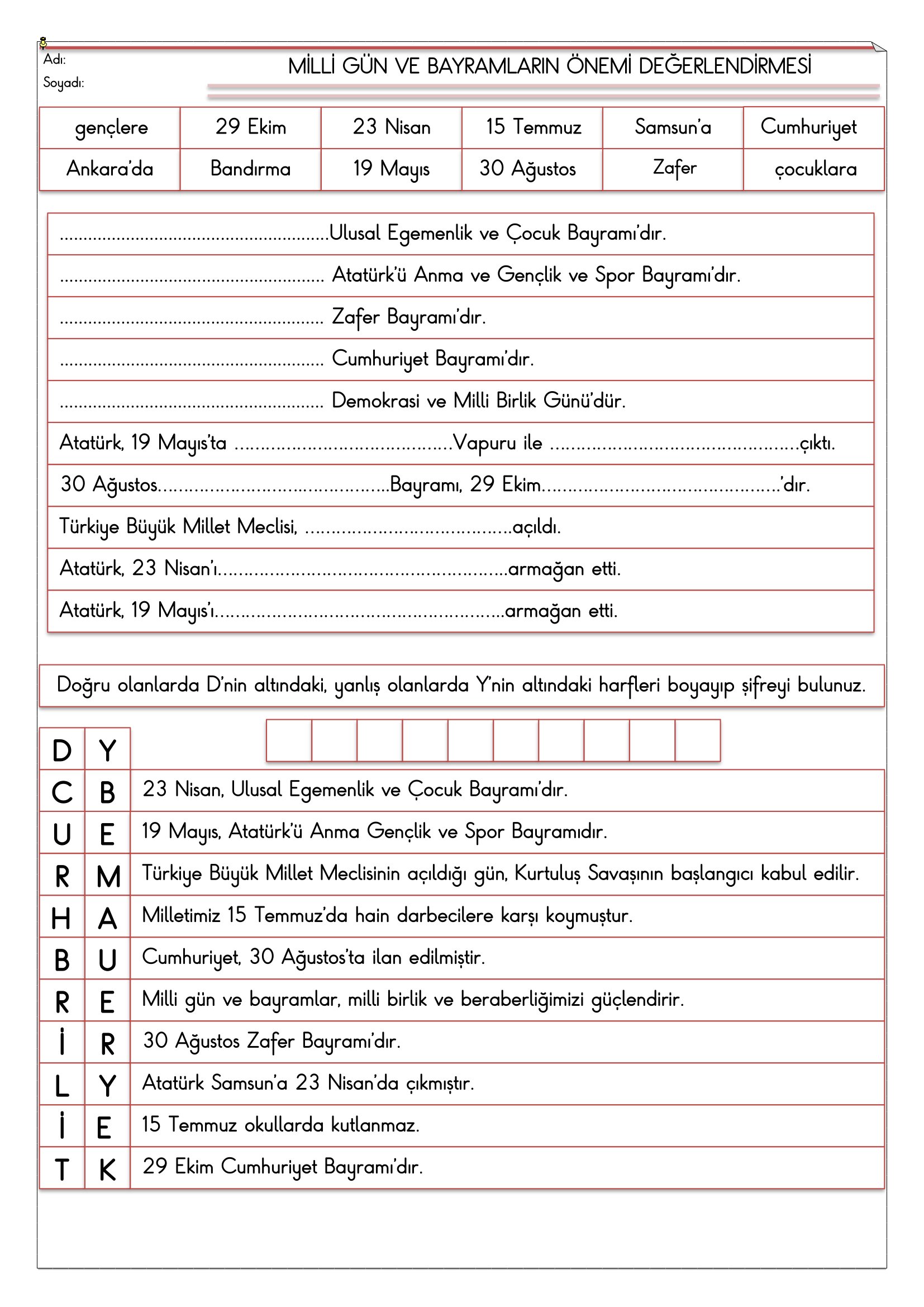 2.Sınıf - Hayat Bilgisi Milli Gün Ve Bayramların Önemi Değerlendirmesi