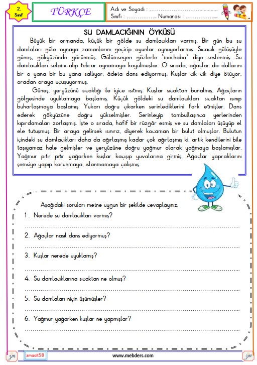 2. Sınıf Türkçe Okuma ve anlama Metni Etkinliği (Su Damlacığının Öyküsü)