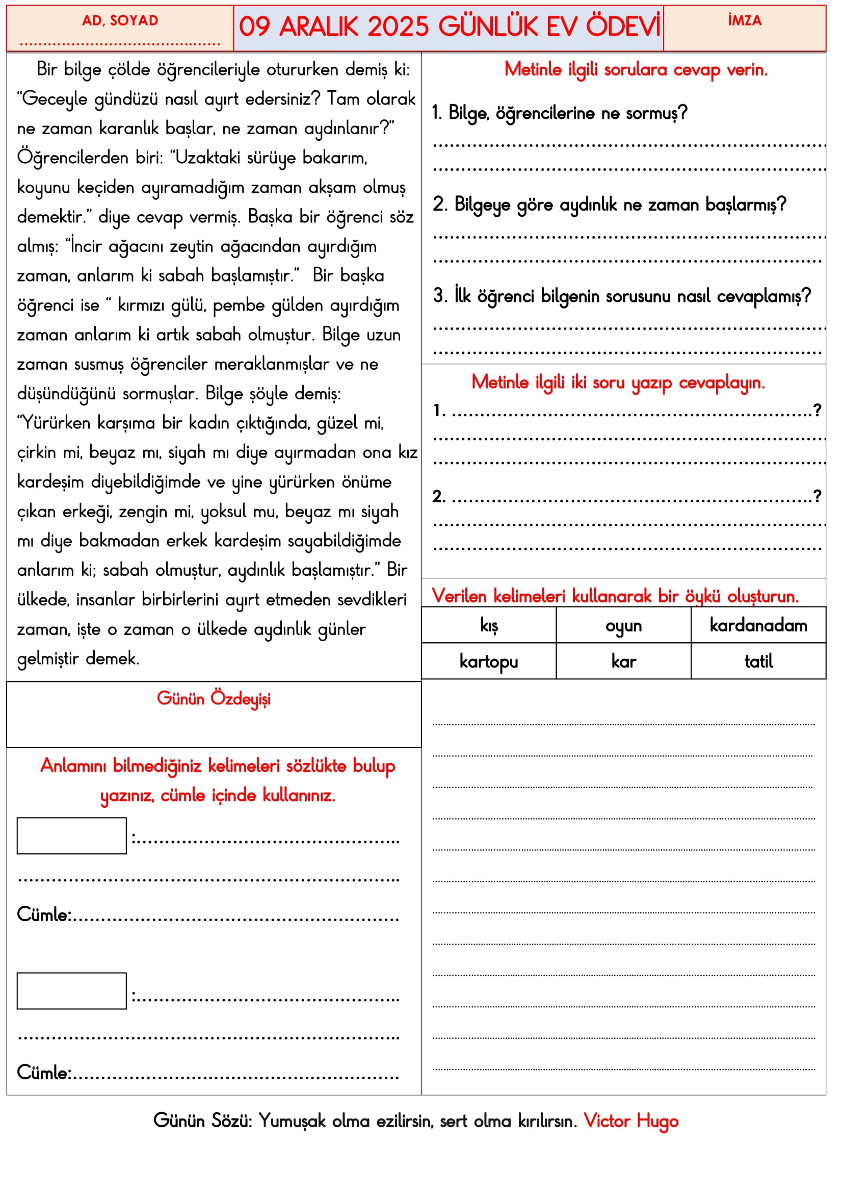 3.Sınıf - 09 Aralık 2025 Günlük Ev Ödevleri