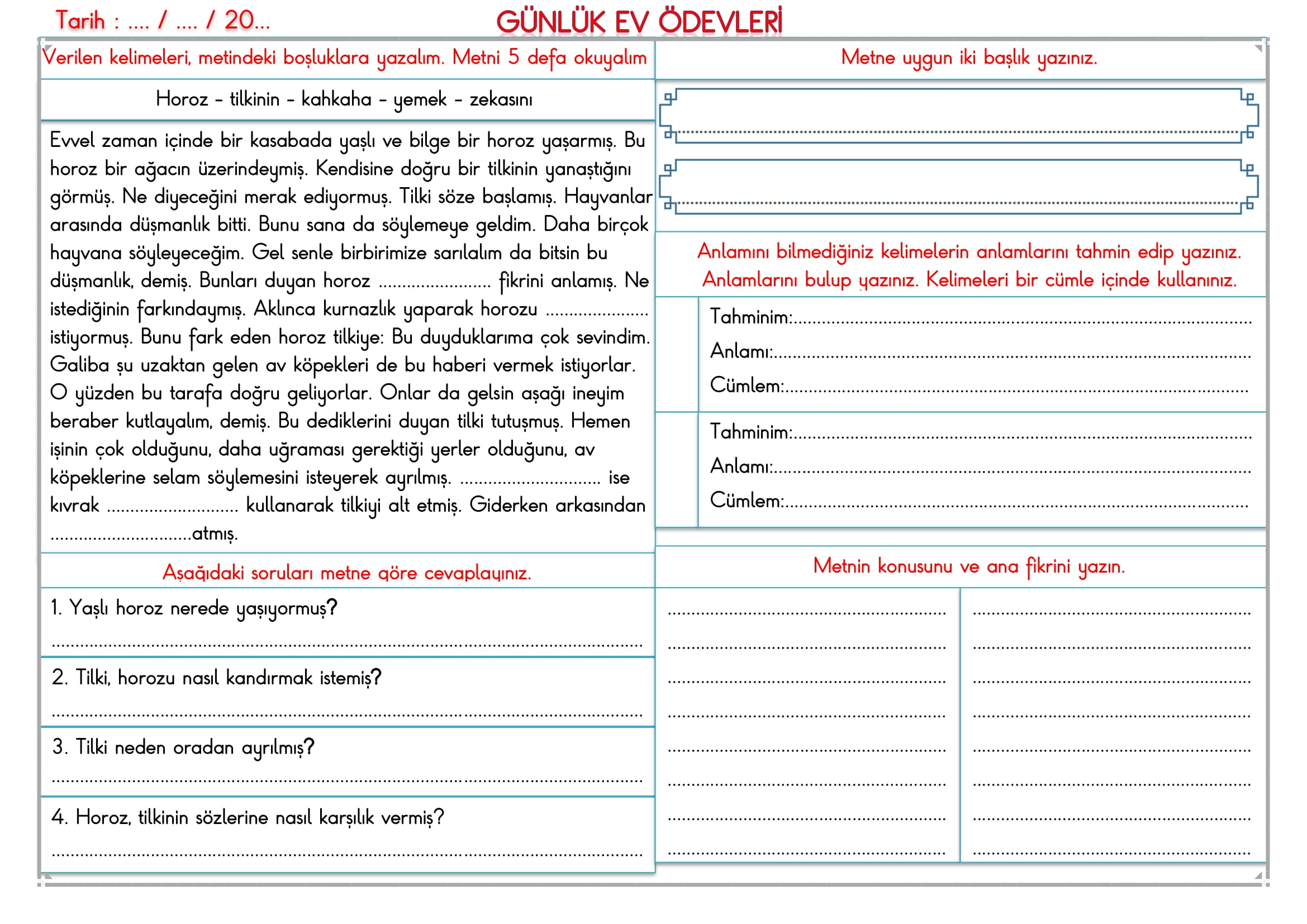 2.Sınıf 03 Haziran 2025 Günlük Ev Ödevi