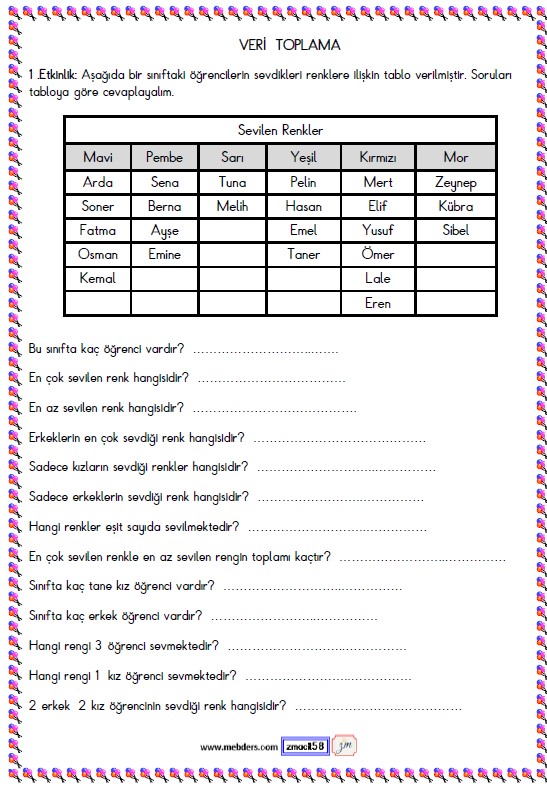 1. Sınıf Matematik Veri Toplama ve Değerlendirme Etkinliği 19