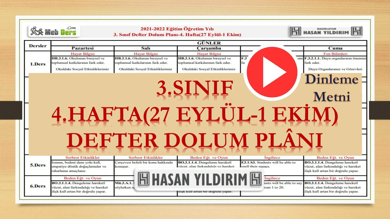 3.Sınıf 4.Hafta(27 Eylül-1 Ekim) Defter Dolum Planı