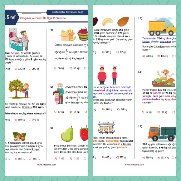 3. Sınıf Matematik Kilogram ve Gram Problemleri Kazanım Testi