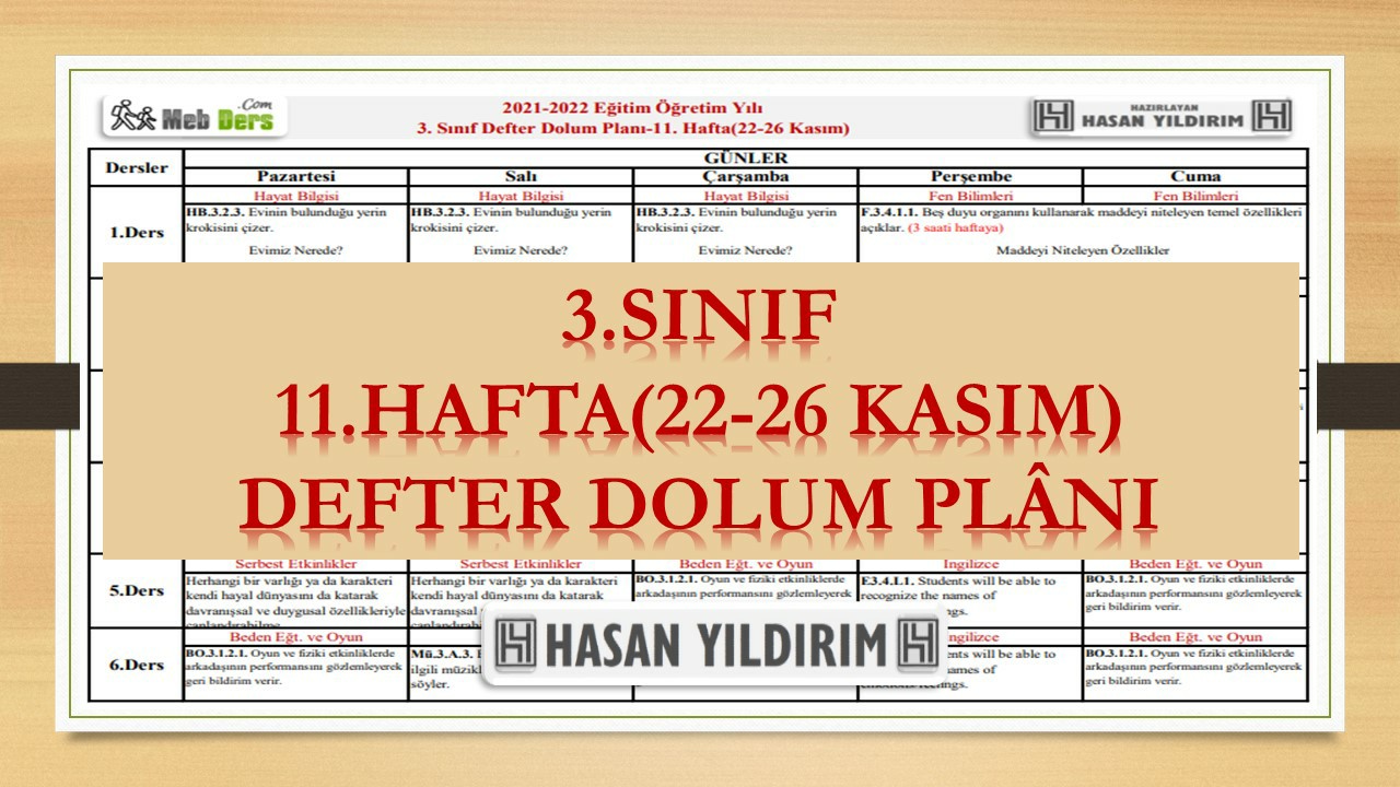 3.Sınıf 11.Hafta(22-26 Kasım) Defter Dolum Planı