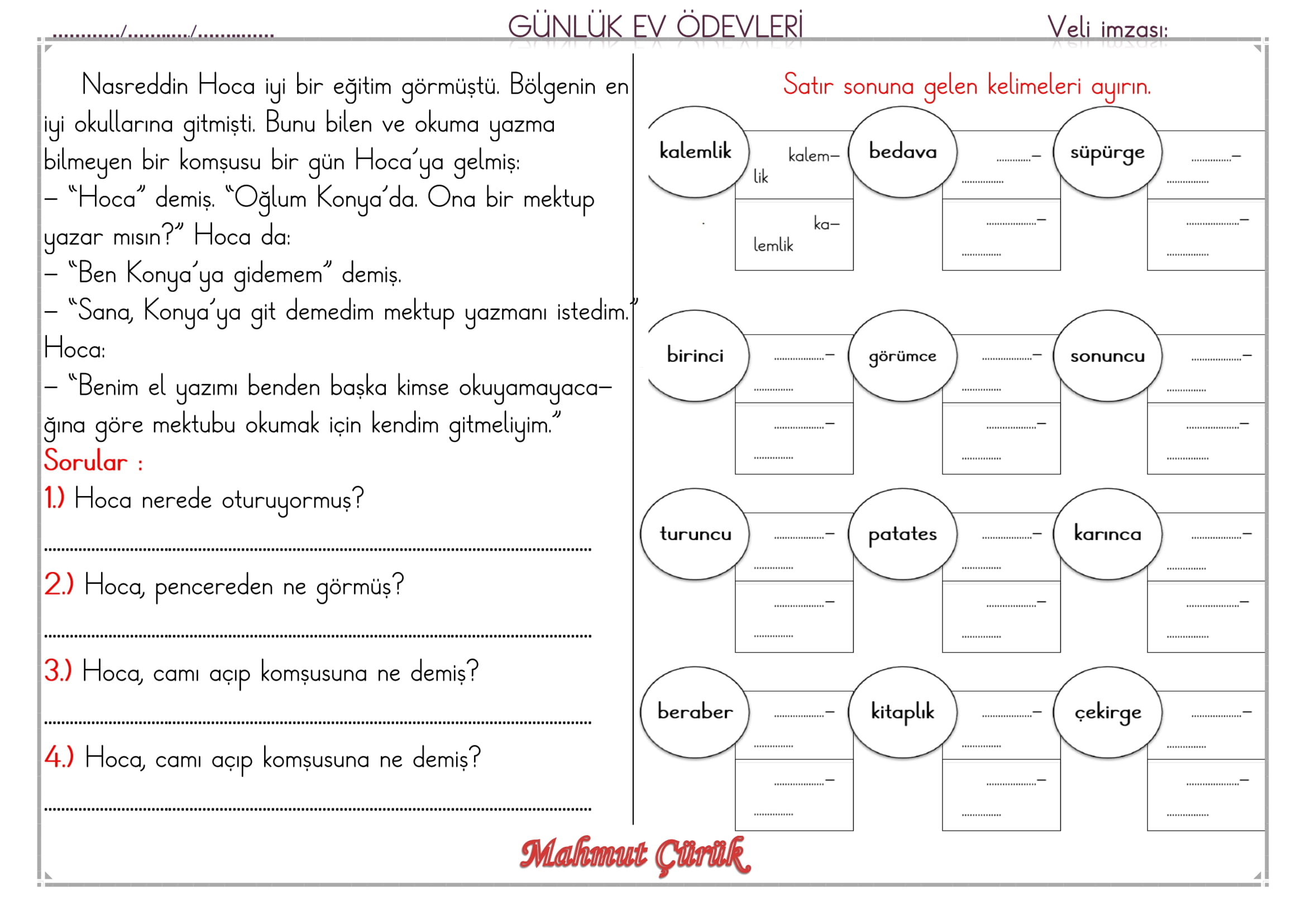 1.Sınıf 28 Mayıs 2025 Günlük Ev Ödevi