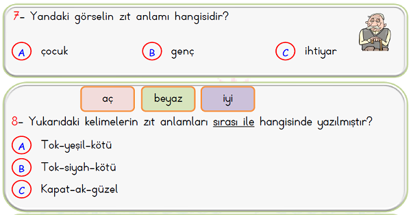 1.Sınıf Türkçe Zıt Anlamlı Kelimeler Yaprak Test