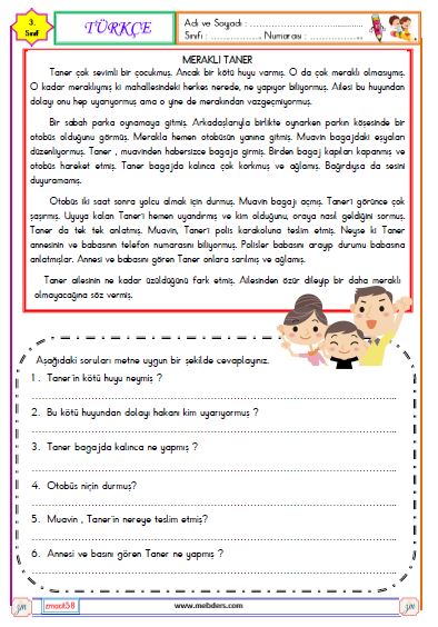3. Sınıf Türkçe Okuma ve Anlama Metni Etkinliği (Meraklı Taner)