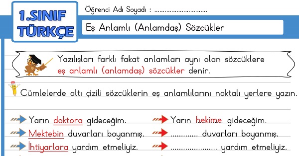 1.Sınıf Türkçe Eş Anlamlı (Anlamdaş) Sözcükler Etkinliği