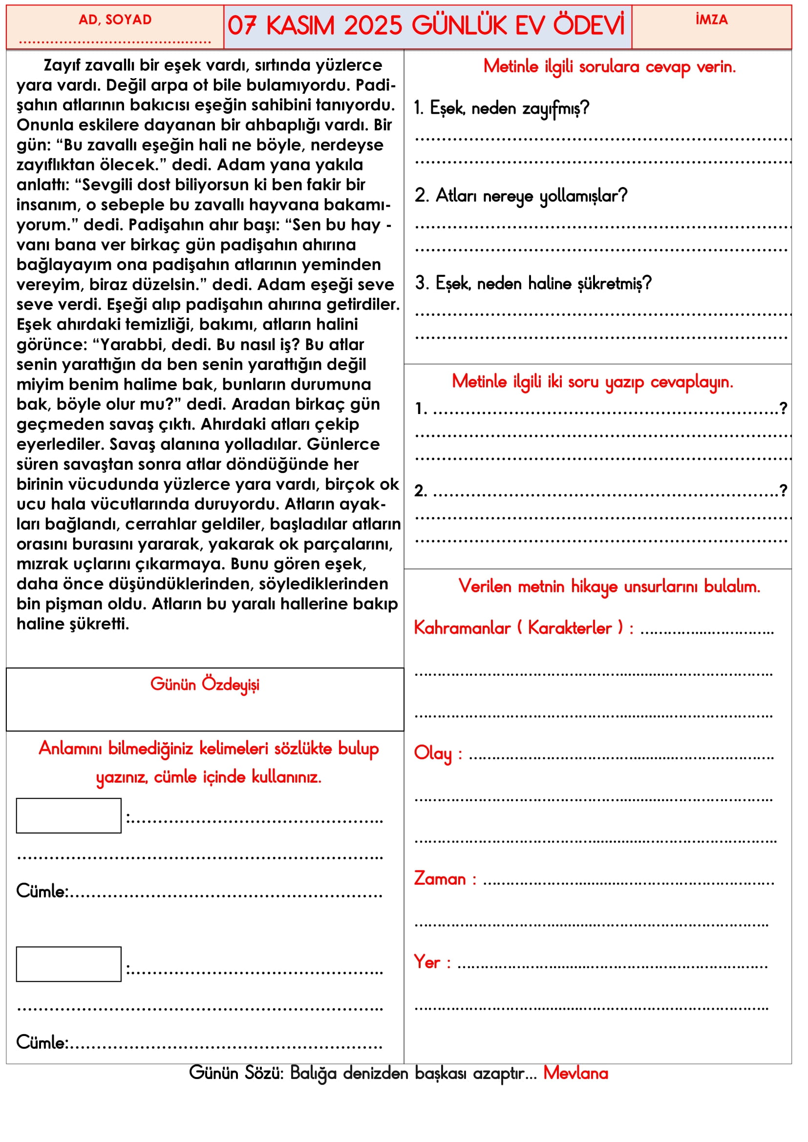 3.Sınıf - 07 Kasım 2025 Günlük Ev Ödevleri