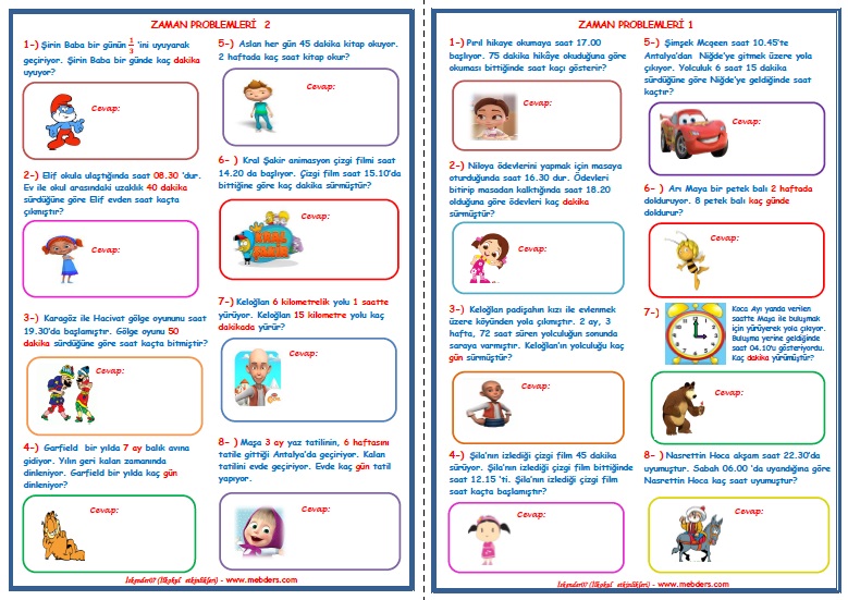 3.Sınıf Matematik Zaman Problemleri  1-2   (2 Sayfa)