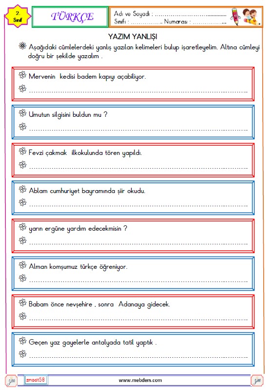 2. Sınıf Türkçe Yazım Yanlışı Etkinliği
