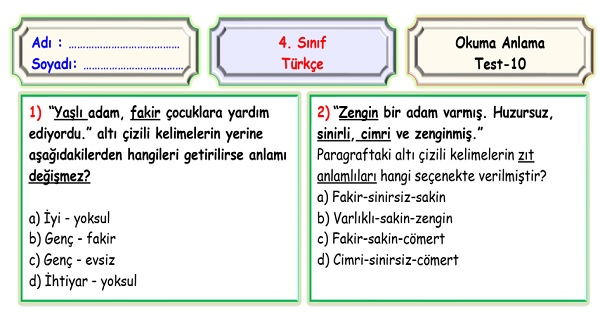 4.Sınıf Türkçe Okuma Anlama Sene Sonu Değerlendirme Testi 10