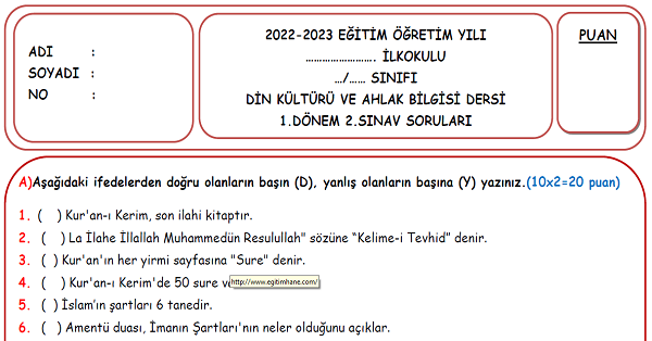 4.Sınıf Din Kültürü ve Ahlak Bilgisi 1.Dönem 2.Yazılı Sınavı