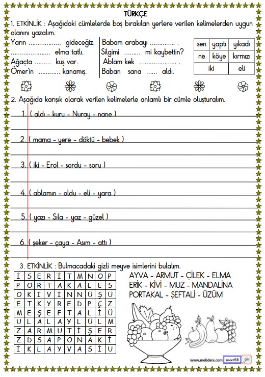 1. Sınıf Türkçe Boşluk Doldurma ve Cümle Oluşturma  Etkinliği 6