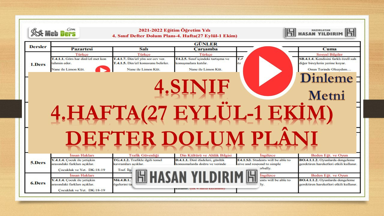 4.Sınıf 4.Hafta(27 Eylül-1 Ekim) Defter Dolum Planı