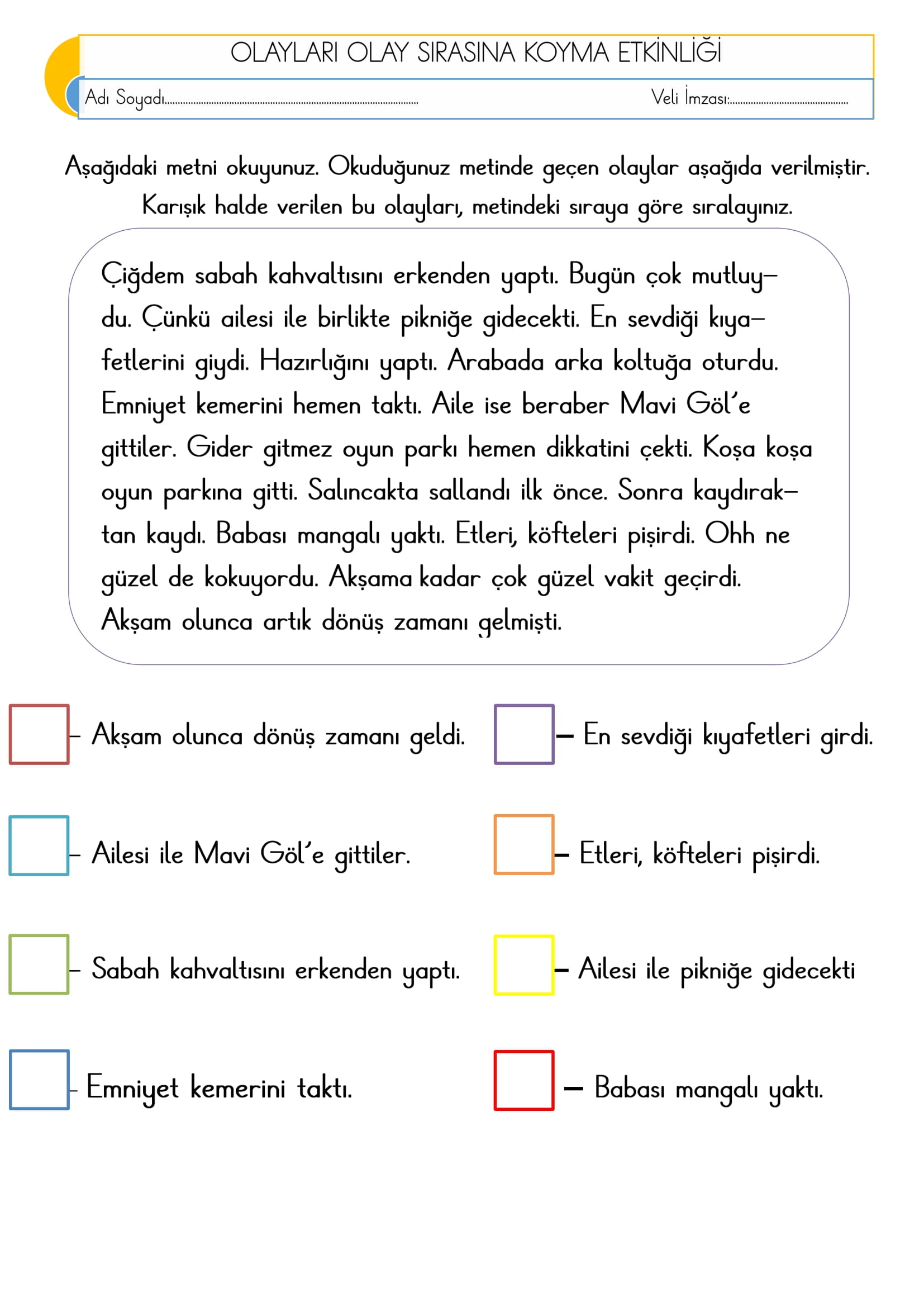 1.Sınıf Türkçe Olayları Olay Sırasına Koyma Etkinliği