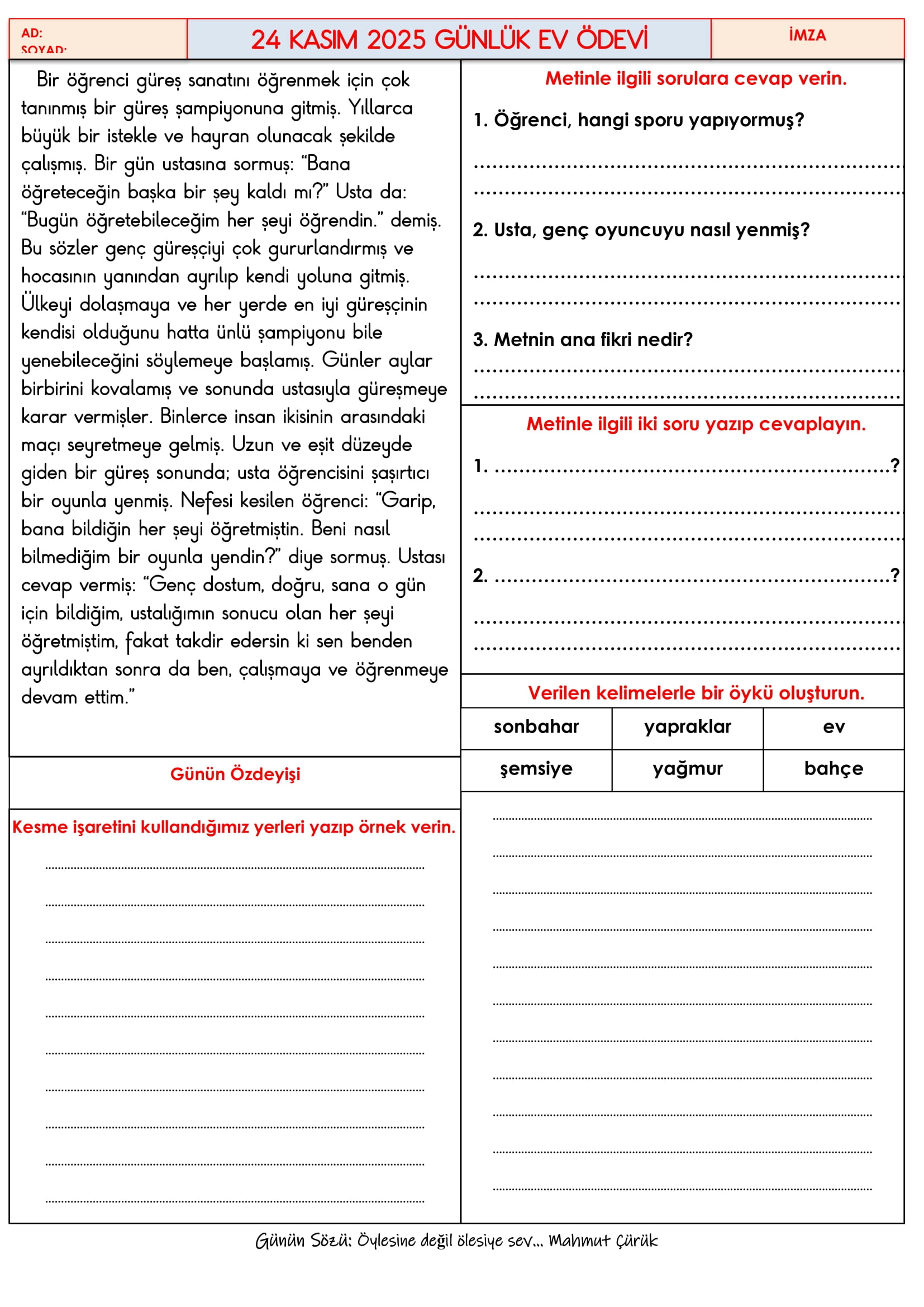 4.Sınıf - 24 Kasım 2025 Günlük Ev Ödevleri