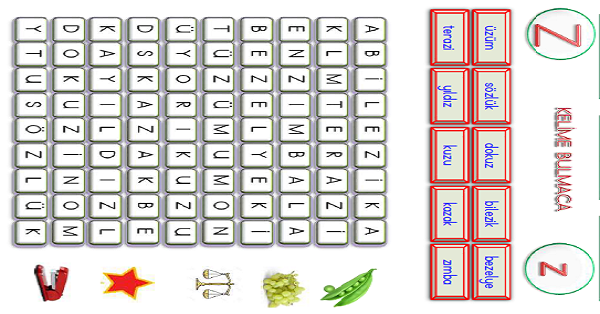 1.Sınıf İlk Okuma Yazma (Zz-Çç Sesi) Kelime Bulmaca Etkinliği