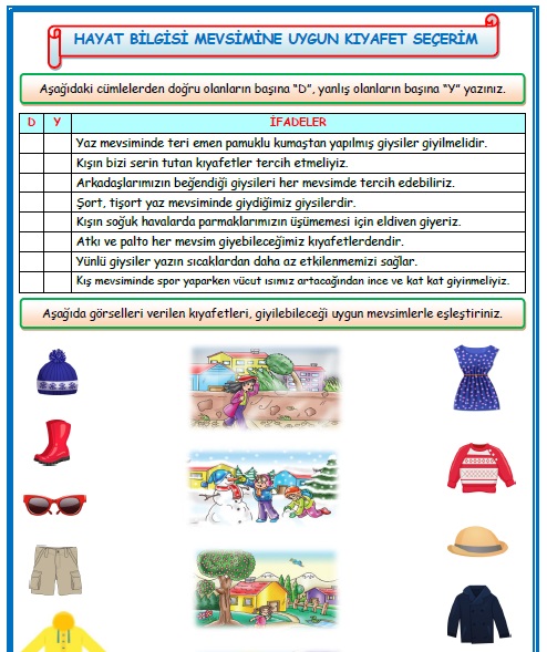 2.Sınıf Hayat Bilgisi Mevsimine Uygun Kıyafet Seçerim Etkinlik Çalışması