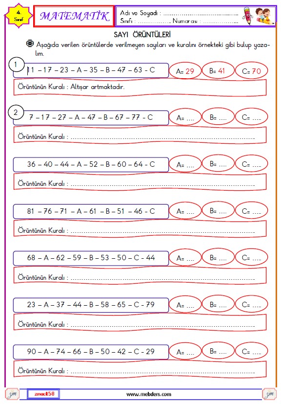 4. Sınıf Matematik Sayı Örüntüleri Etkinliği 1