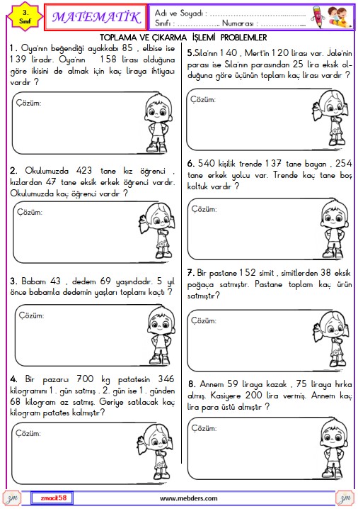 3. Sınıf Matematik Toplama ve Çıkarma İşlemi Problemler Etkinliği 3