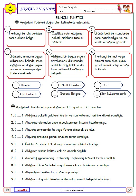 4. Sınıf Sosyal Bilgiler Bilinçli Tüketici Etkinliği