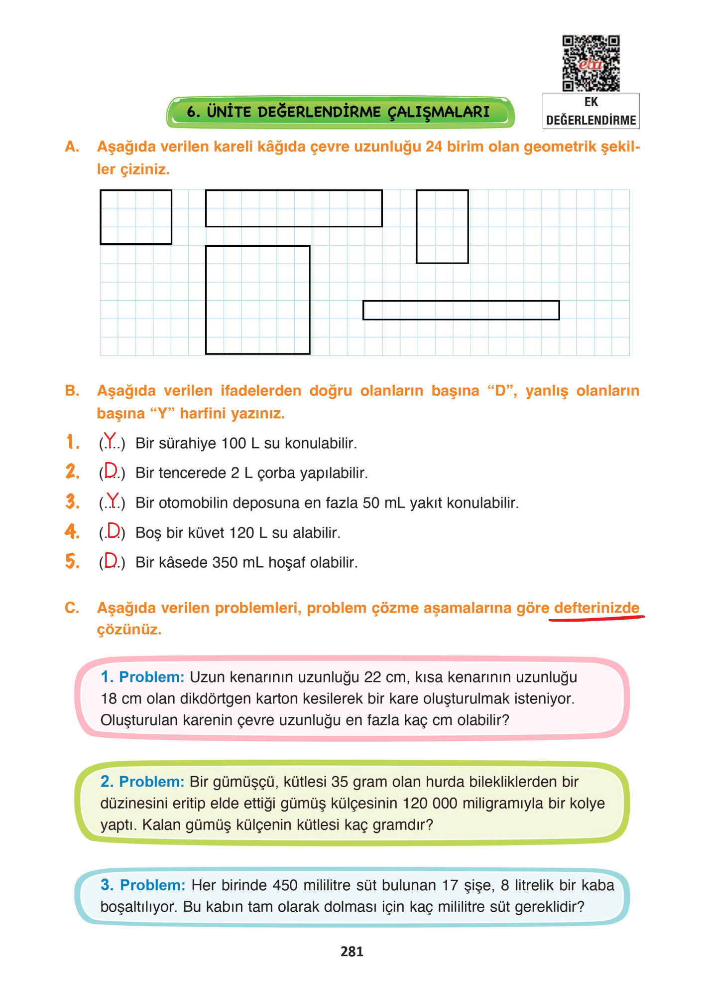 4. Sınıf Matematik Fersa Yayınları 6. Ünite Değerlendirmesi Cevapları