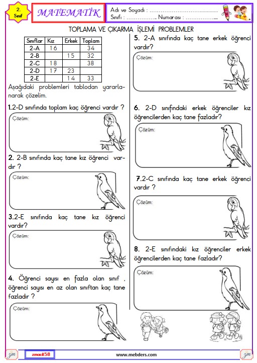 2. Sınıf Matematik Toplama ve Çıkarma İşlemi Problemleri Etkinliği 6