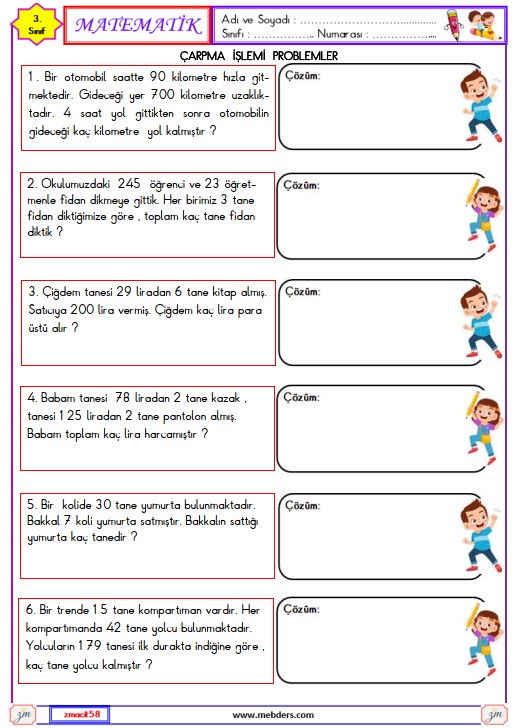 3. Sınıf Matematik Çarpma İşlemleri Problemleri Etkinliği 2