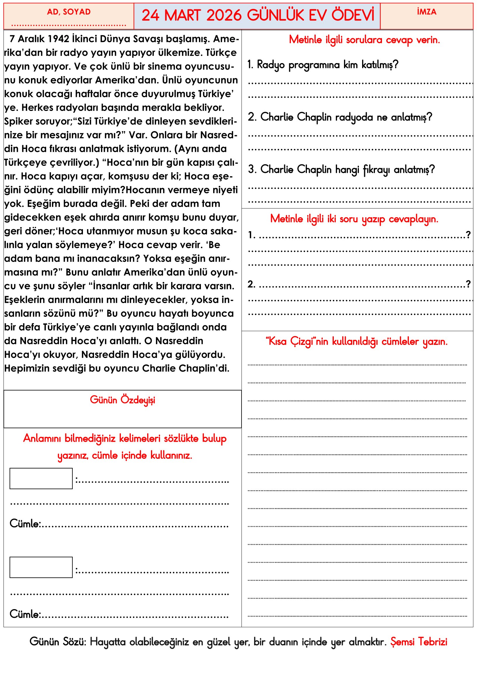 3.Sınıf - 24 Mart 2026 Günlük Ev Ödevleri