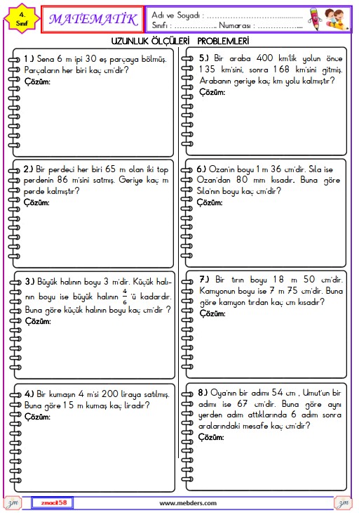 4. Sınıf Matematik Uzunluk Ölçme Problemleri Etkinliği 1