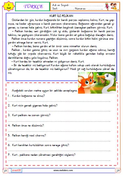 2. Sınıf Türkçe Okuma ve Anlama Etkinliği (Kurt ile Pelikan)
