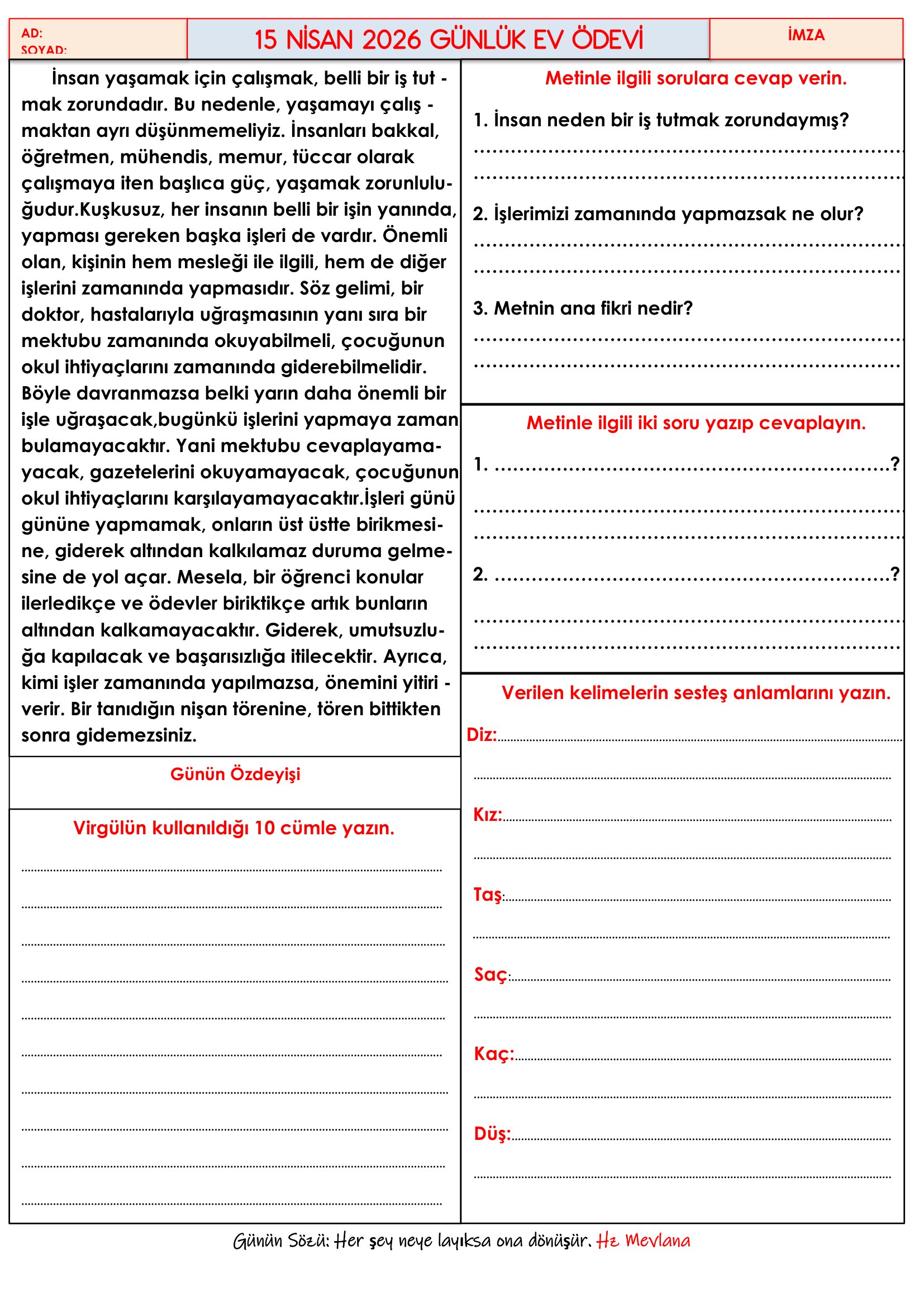 4.Sınıf - 15 Nisan 2026 Günlük Ev Ödevleri