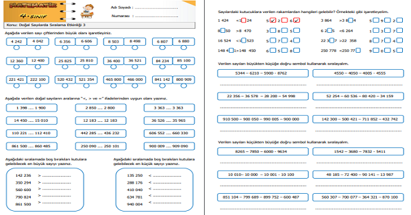 4.Sınıf Matematik Doğal Sayılarda Sıralama Etkinliği 3